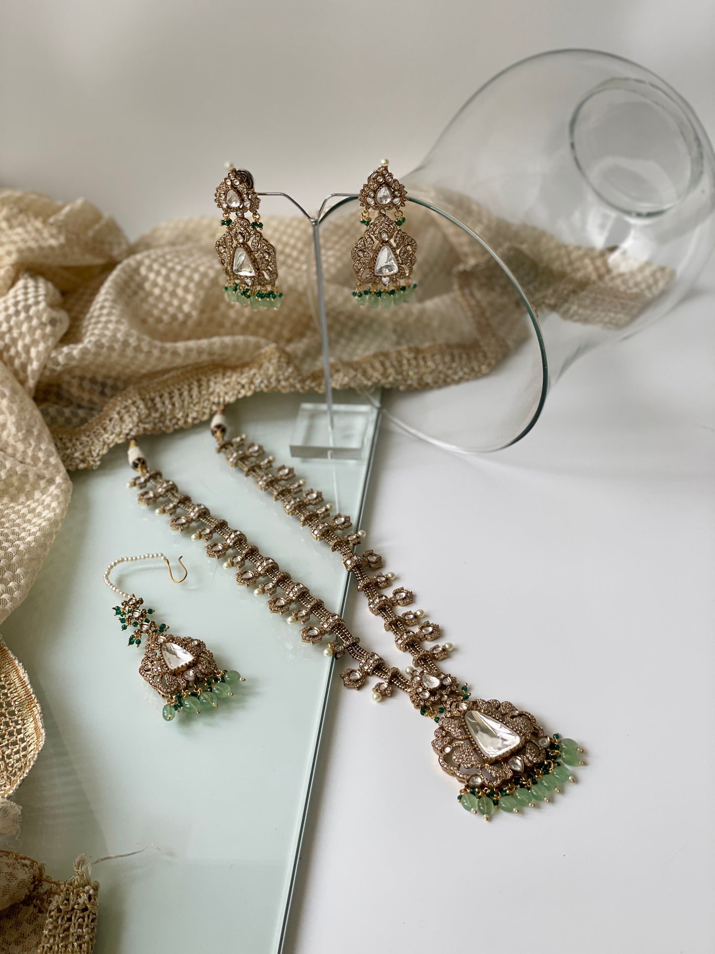 Long Kundan Polki Necklace Set with Fresh Green BeadsStudio6Jewels