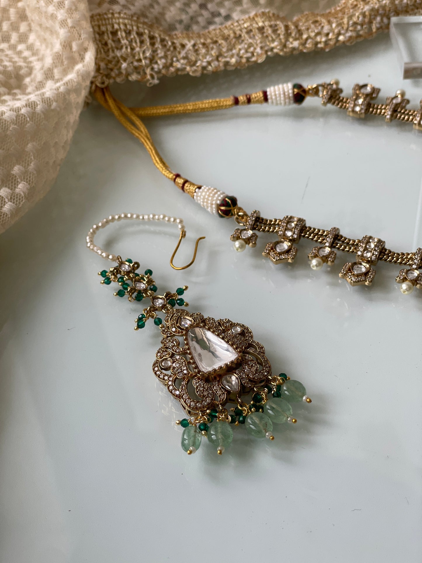 Long Kundan Polki Necklace Set with Fresh Green Beads