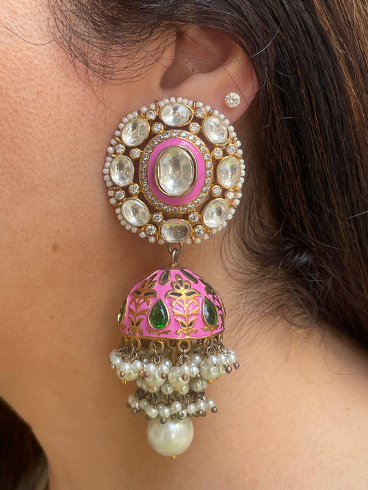 Pink Meenakaari Kundan Jhumkas