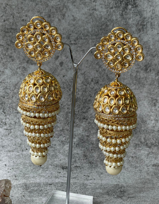 Layered Long Chandelier Pearl and Kundan JhumkasStudio6Jewels