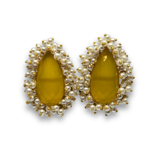 Yellow Teardrop Stone & Pearl Cluster Stud Earrings