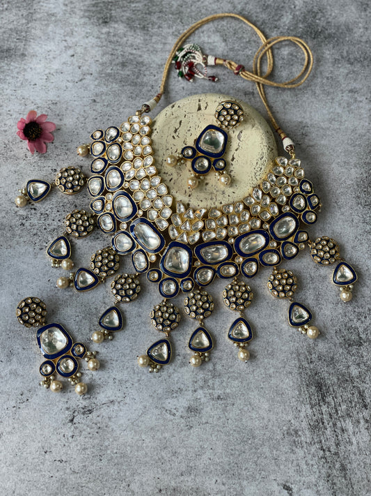 Blue Enamelled Ethnic Kundan Necklace Set
