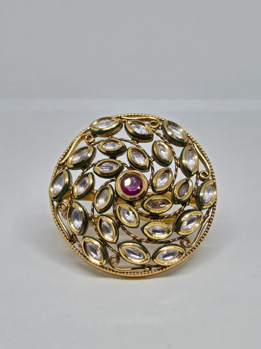 Gold Plated Ring With Kundan and Red Center Stone
