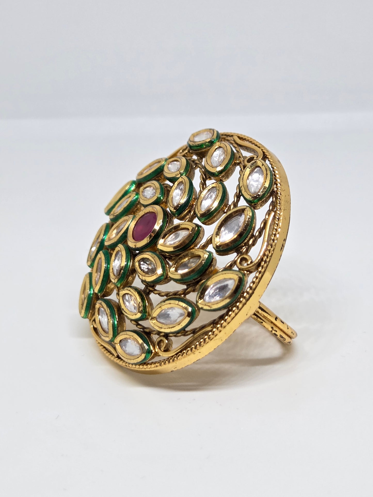 Gold Plated Ring With Kundan and Red Center Stone