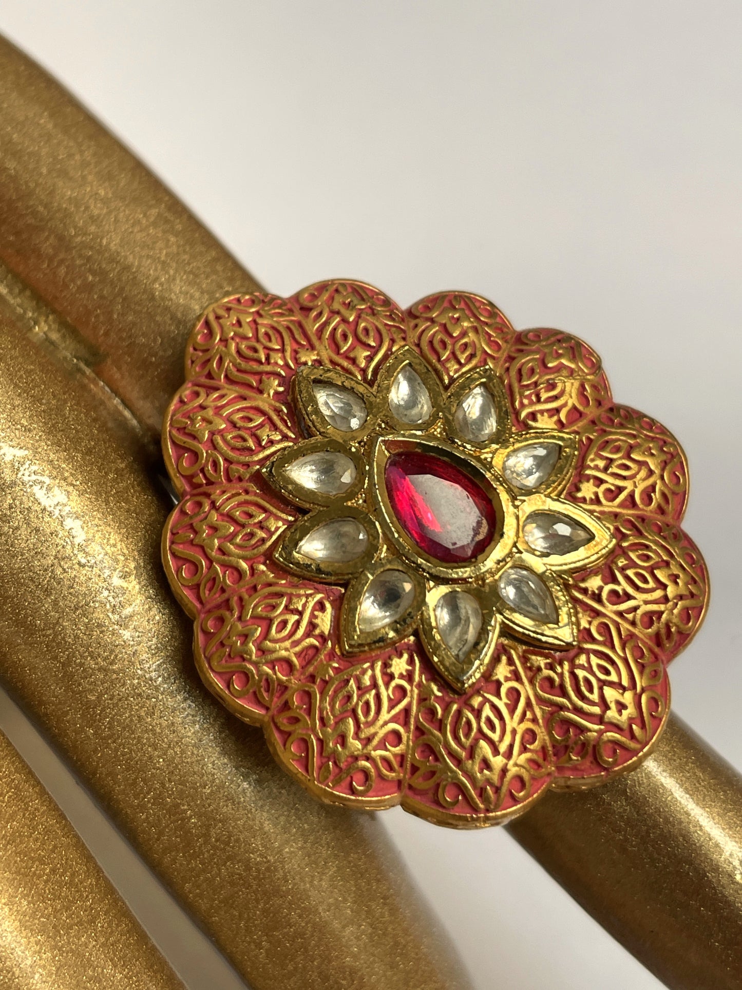 Kundan-Inspired Peach Meenakaari Ring