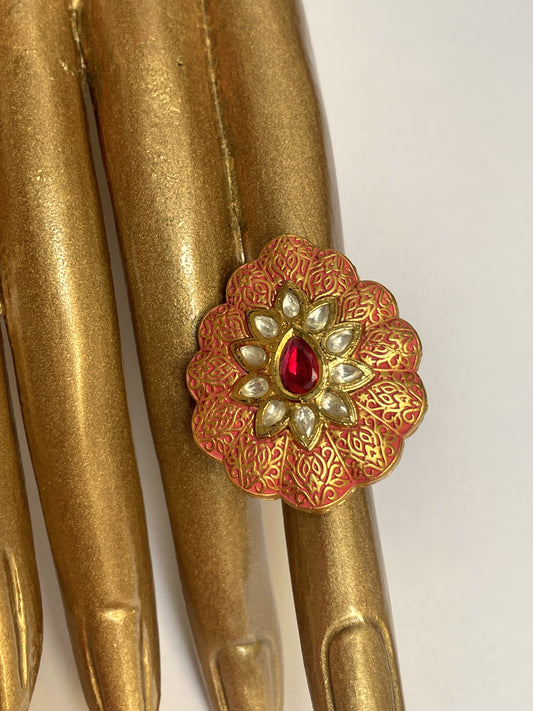 Kundan-Inspired Peach Meenakaari Ring