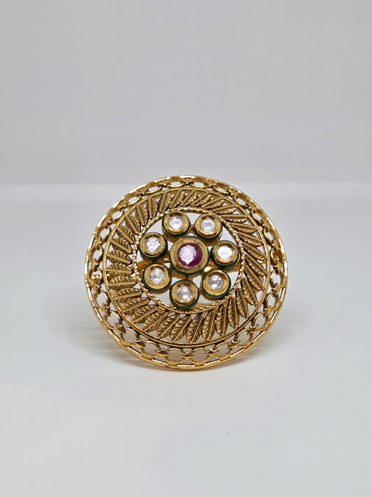 Gold Ring With Kundan Work