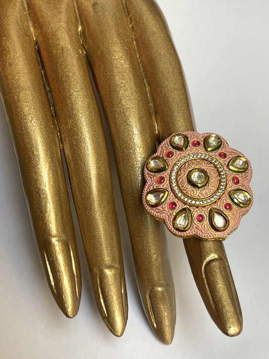 Peach Kundan Meenakaari Ring