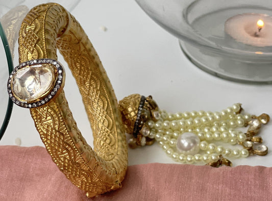 Gold Bangle With Pearl Tassel And Magnet Opening