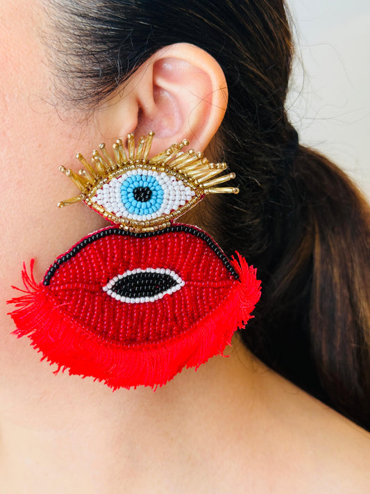 Beaded Evil Eye Tassel Earrings