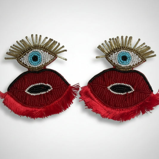 Beaded Evil Eye Tassel Earrings
