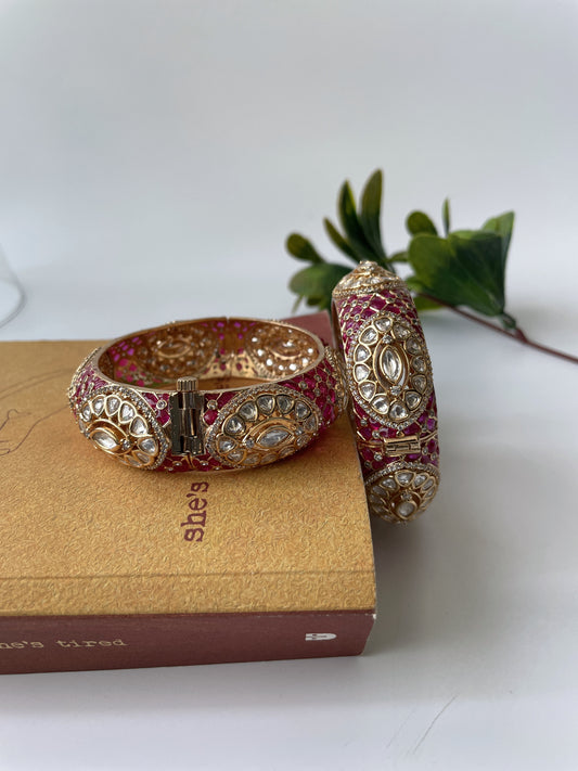 Gold Finish Enamelled Kundan Bangle Set of Two