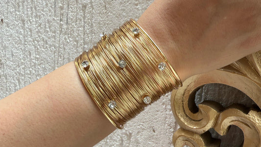 Gold Wire Cuff Bangle with Faux Diamond Studs