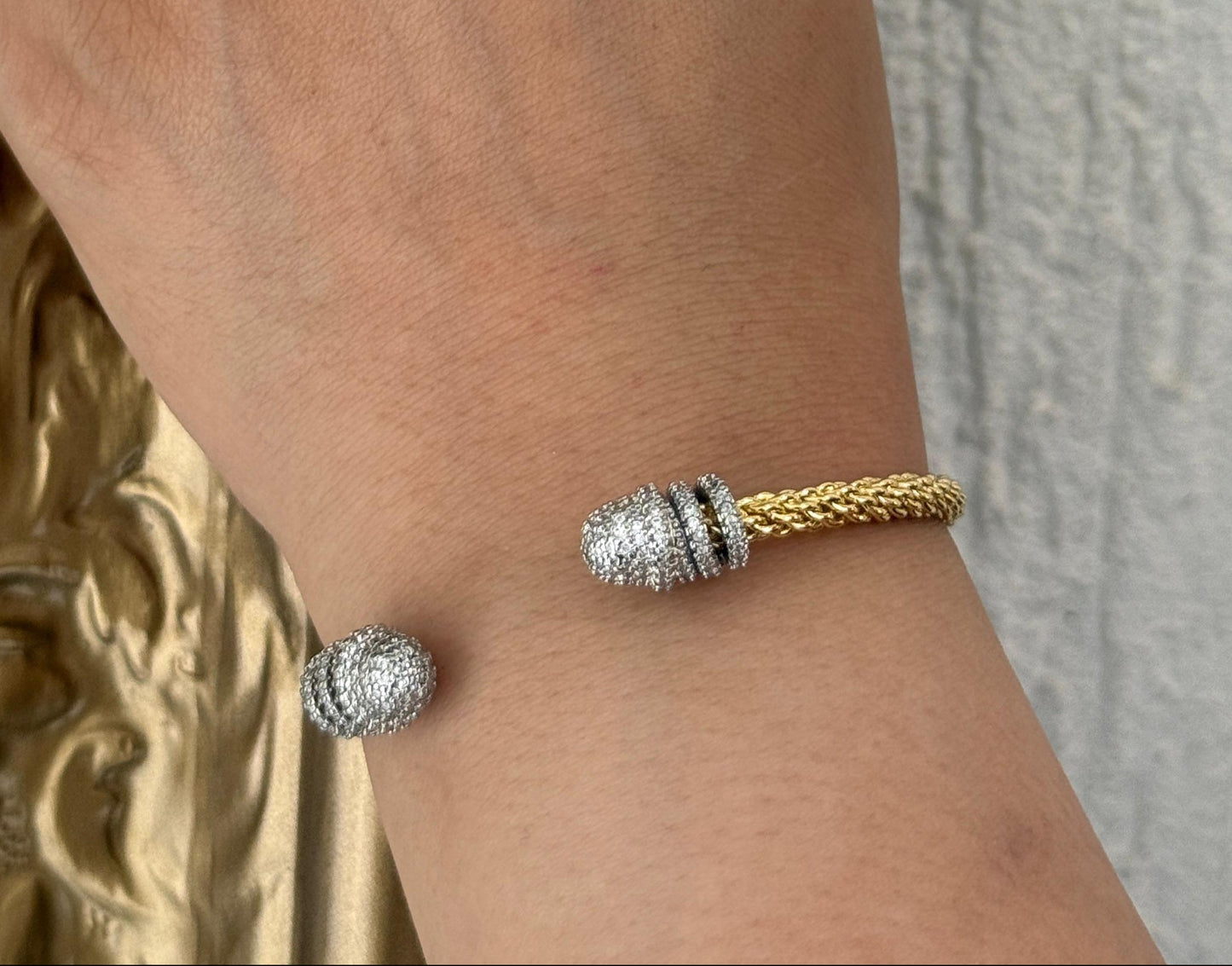 Two Tone Spiral Zircon Studded Cuff Bangle