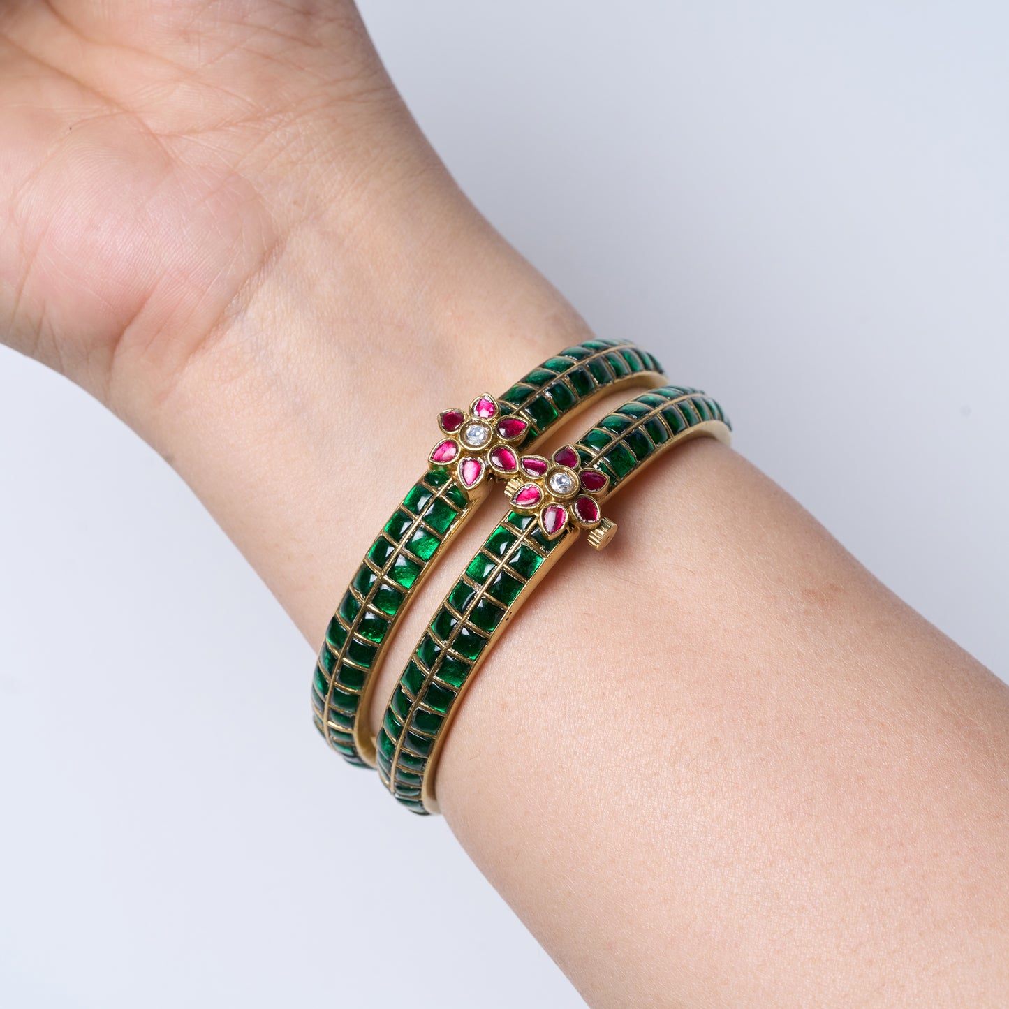 Green & Rani Pink Floral Bangles