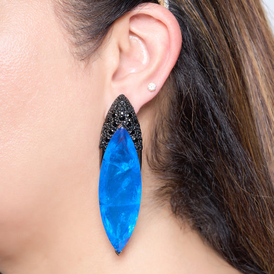 Royal Blue Clear Crystal Earrings with Black Zircon Crown