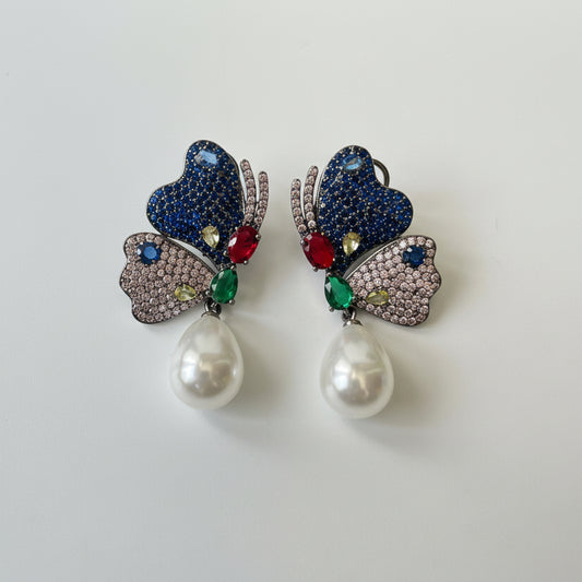 Butterfly Motif Colorful Zircon Studded Earrings with Pearl Drop