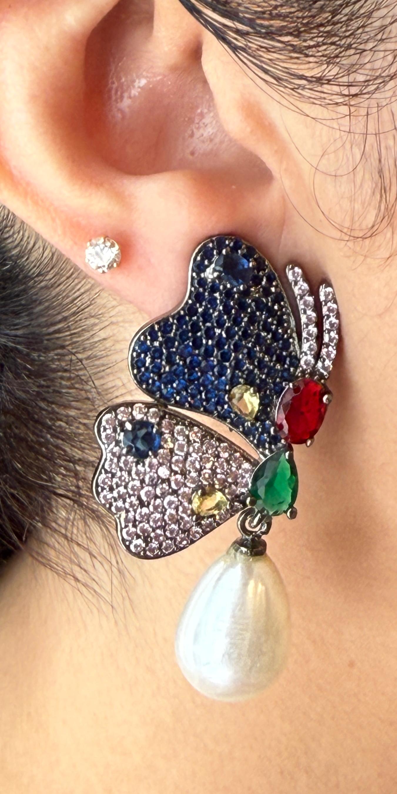 Butterfly Motif Colorful Zircon Studded Earrings with Pearl Drop