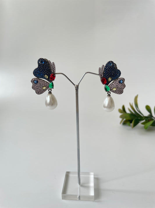 Butterfly Motif Colorful Zircon Studded Earrings with Pearl Drop
