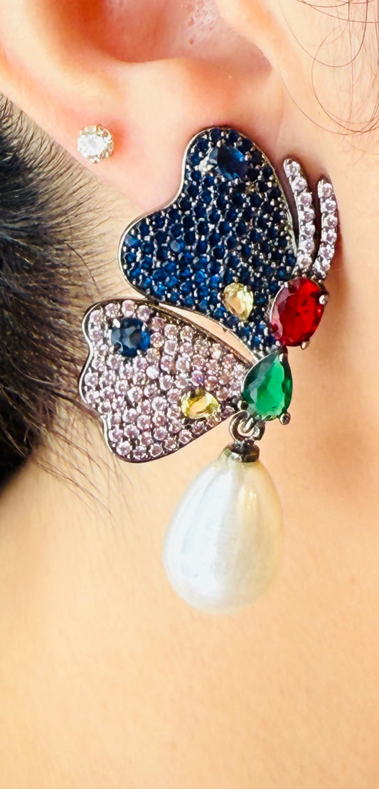 Butterfly Motif Colorful Zircon Studded Earrings with Pearl Drop
