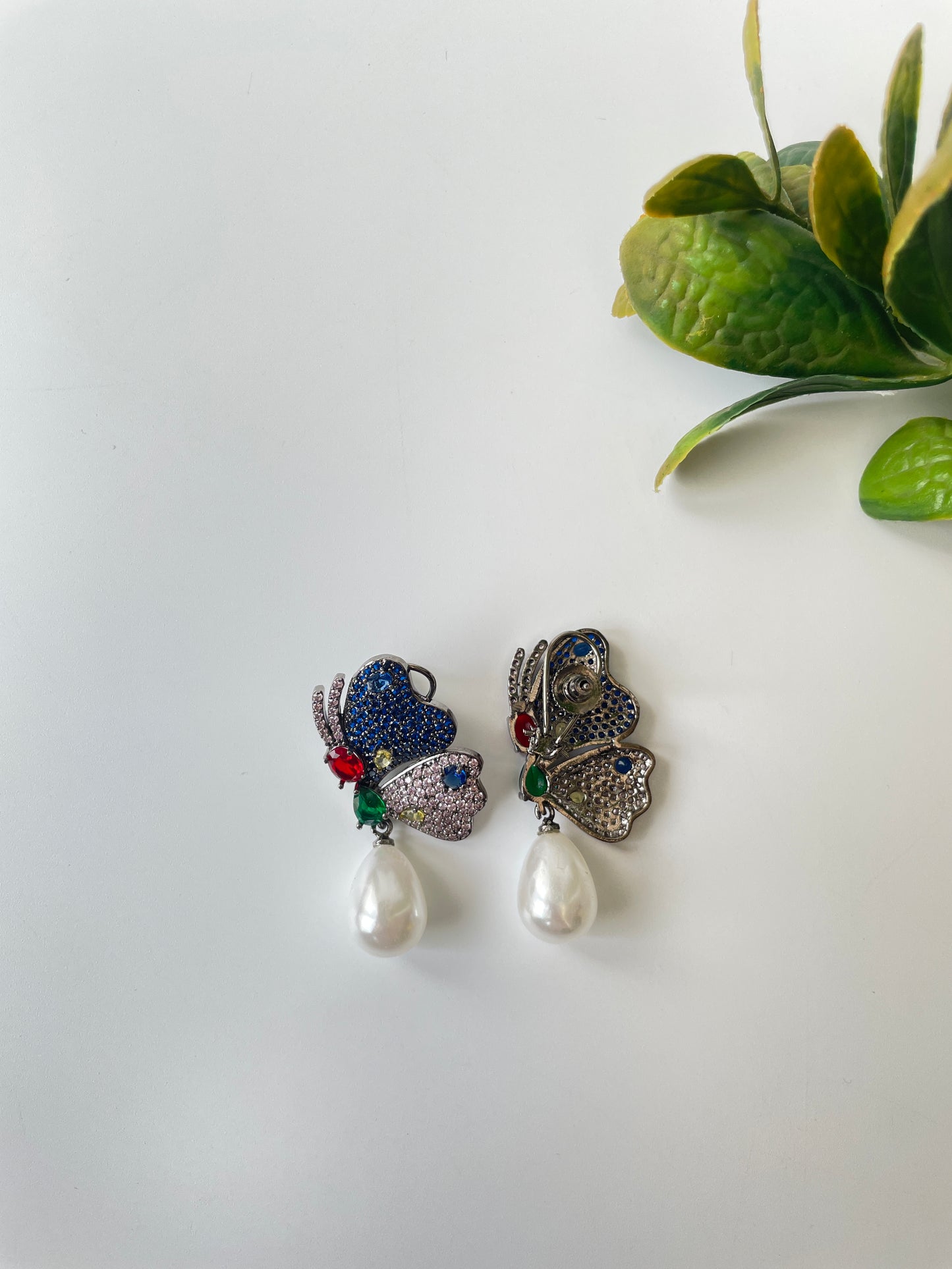 Butterfly Motif Colorful Zircon Studded Earrings with Pearl Drop