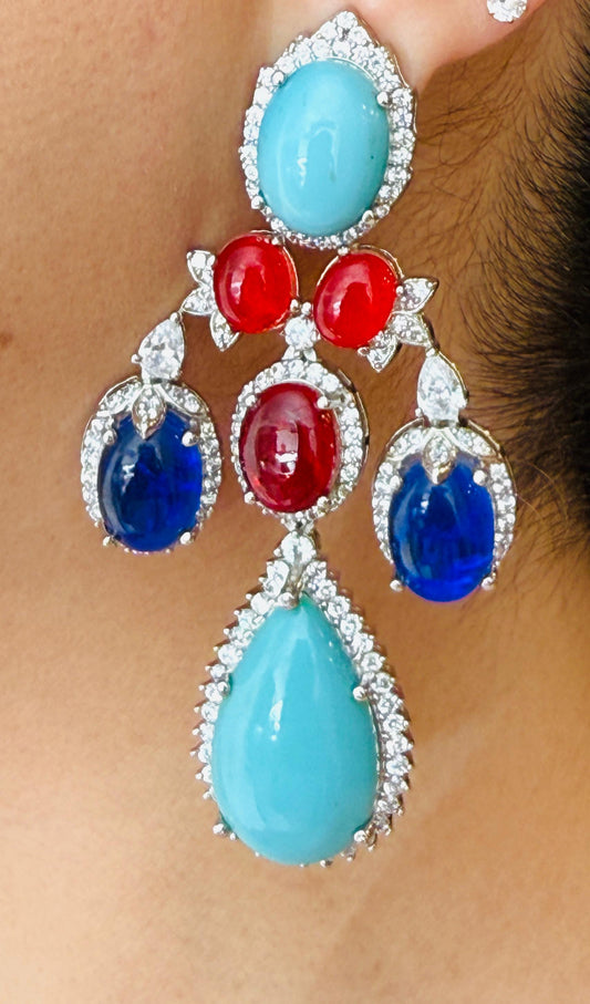 White Finish Vibrant Multi Stone Studded Danglers