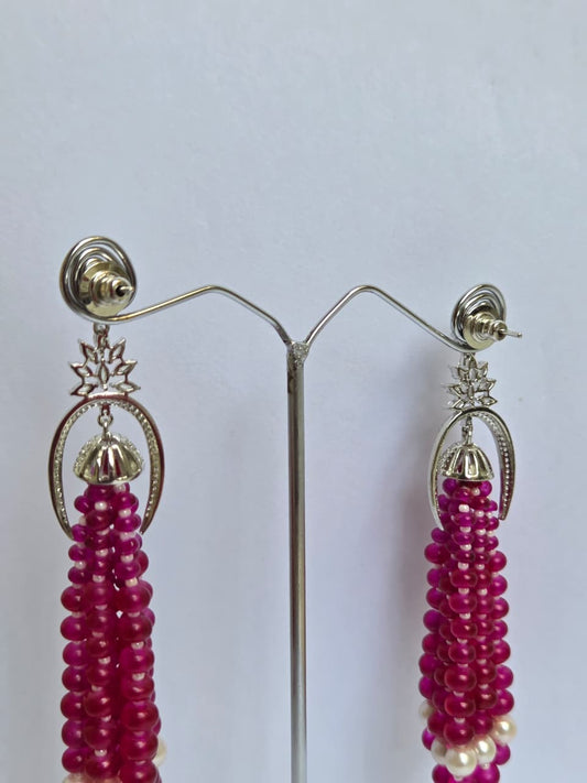 Pink Tassel Earrings with Zircon Motif