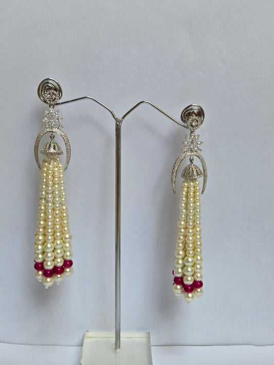 Pearl Tassel Earrings with Zircon Motif