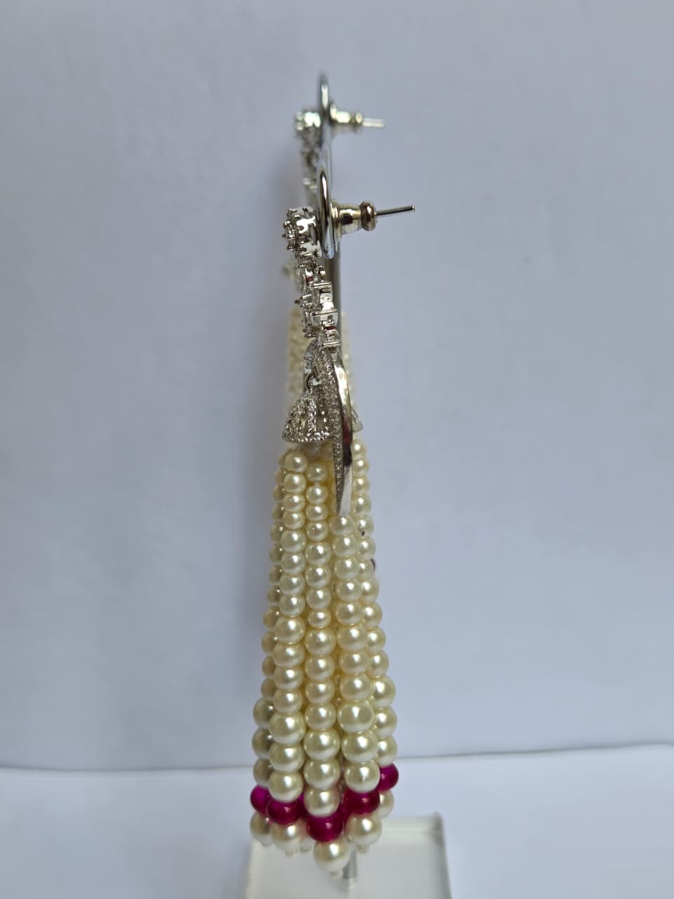 Pearl Tassel Earrings with Zircon Motif