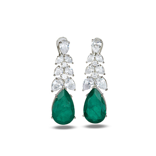 Emerald Studded Earrings with Zircon Leaf Accents