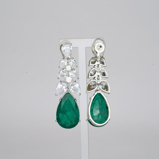 Emerald Studded Earrings with Zircon Leaf Accents