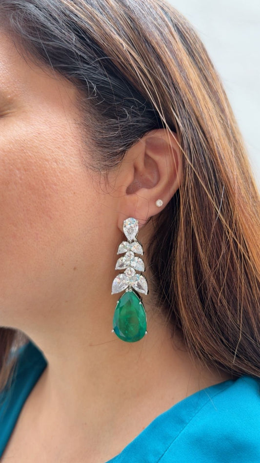 Emerald Studded Earrings with Zircon Leaf Accents