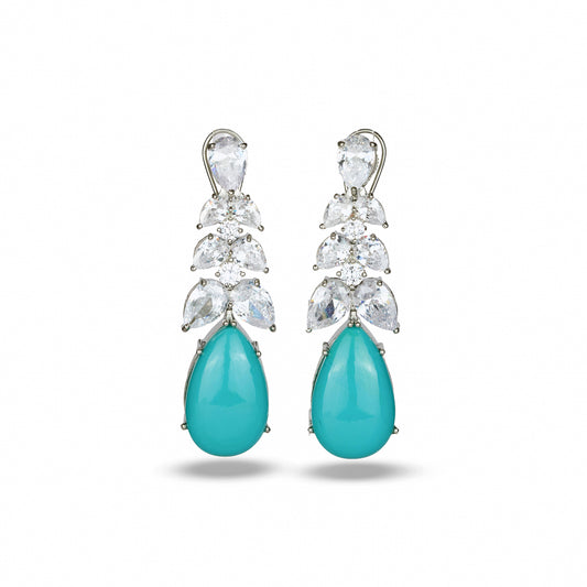 Turquoise Studded Earrings with Zircon Leaf Accents