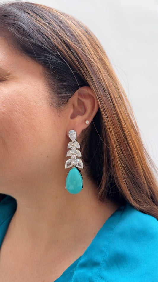 Turquoise Studded Earrings with Zircon Leaf Accents