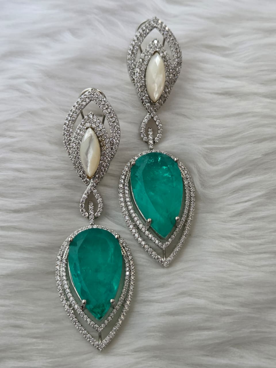 Aqua Crystal Earrings with Zircon and Pearl Accents