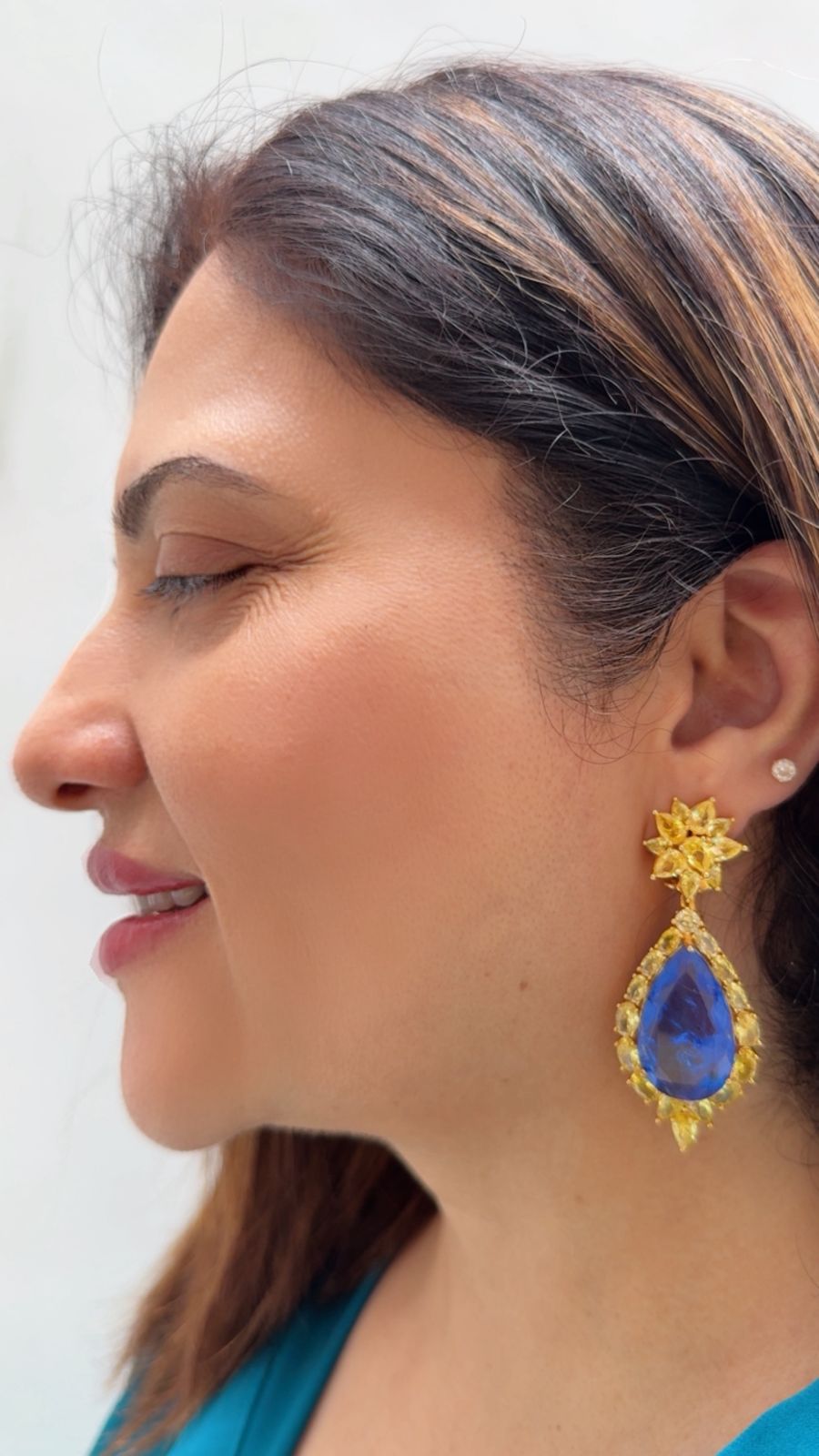 Gold Finish Deep Blue Zircon Danglers