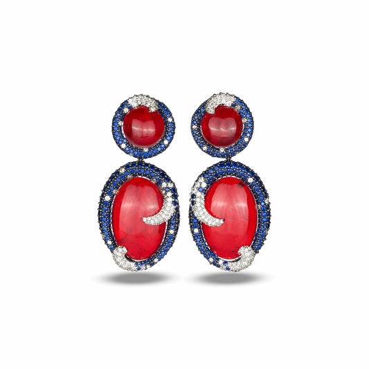 Red Crystal Earrings with Blue Stone Accents