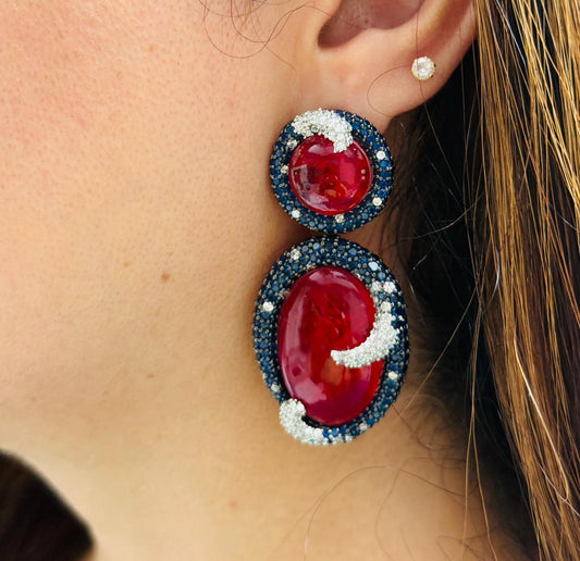 Red Crystal Earrings with Blue Stone Accents