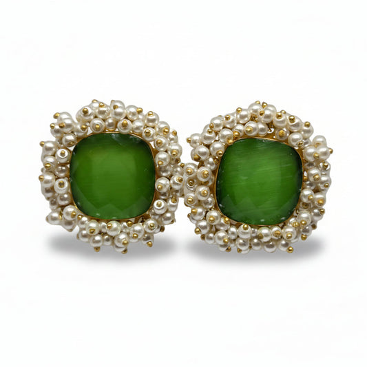 Green Crystal Stud Earrings with Pearls