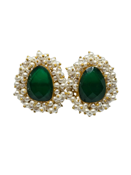 Emerald & Pearl Cluster Stud Earrings