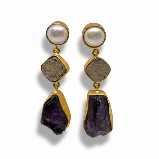Pearl & Dual Stone Gold Drop Earrings