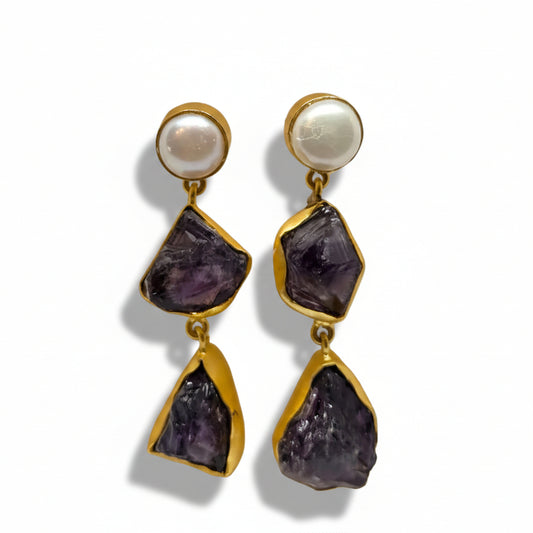 Pearl & Raw Amethyst Gold Drop Earrings