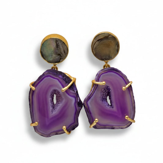 Purple Agate Slice Gold Drop Earrings