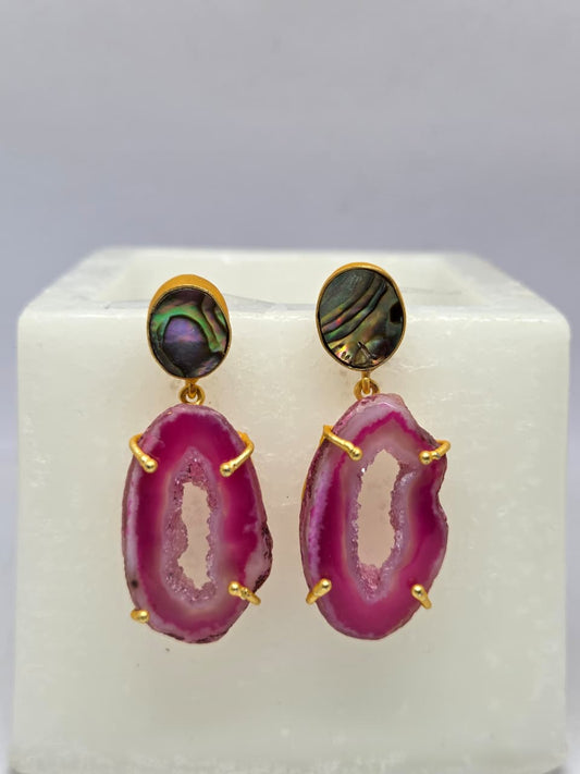 Magenta Agate & Abalone Drop Earrings