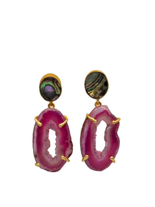 Magenta Agate & Abalone Drop Earrings
