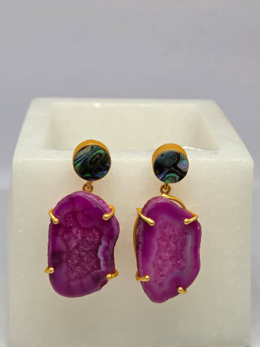 Magenta Agate Geode Drop Earrings