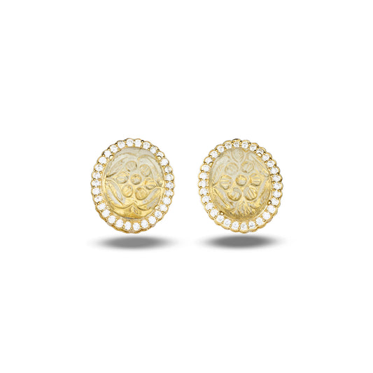 Carved Yellow Stone Zircon Accented Studs