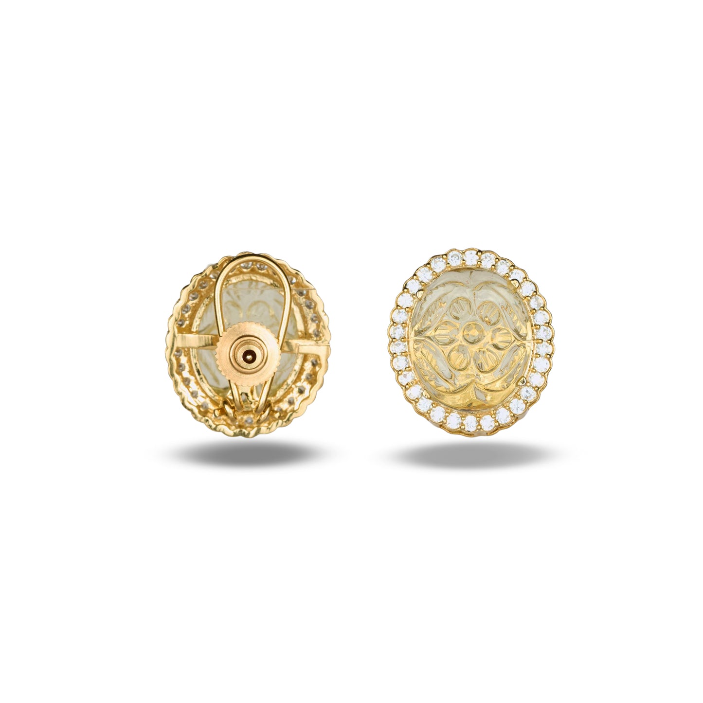 Carved Yellow Stone Zircon Accented Studs