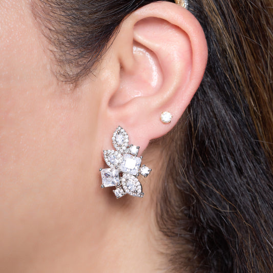 White Zircon Crystal Floral Studs