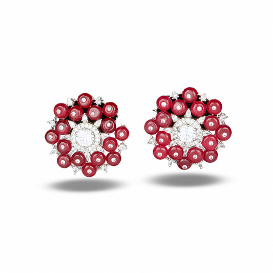 Red Bead Studded Zircon Earrings